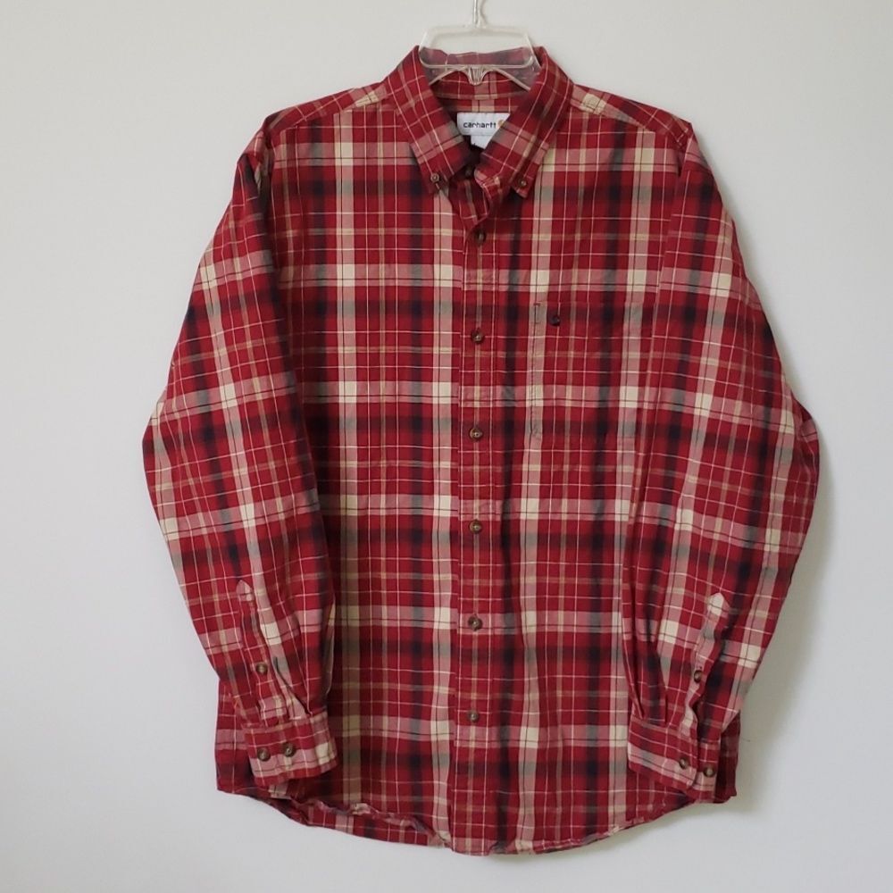 Carhartt Shirt Men’s L Red Tan Tartan Plaid Button Down Pocket 100% Cabincore